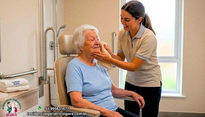 Blog 3 Cuidar da higiene dos idosos, com dignidade é um dos pilares do nosso trabalho. No Residencial Geriátrico Igara, em Canoas, garantimos que seu familiar receba cuidados técnicos de excelência sempre com respeito, carinho e preservação da sua dignidade.