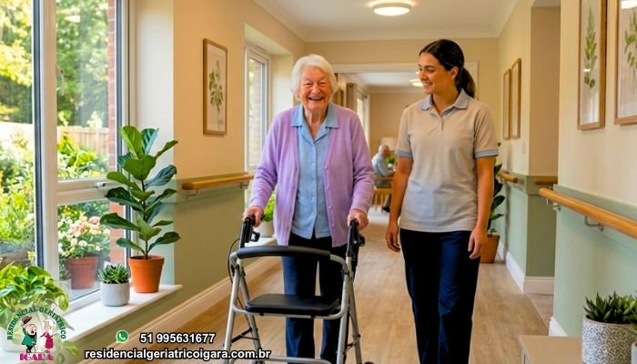 Blog 4 idosa sorridente usando andador com segurança em um corredor largo e bem iluminado de residencial geriátrico. Acessibilidade Geriátrica